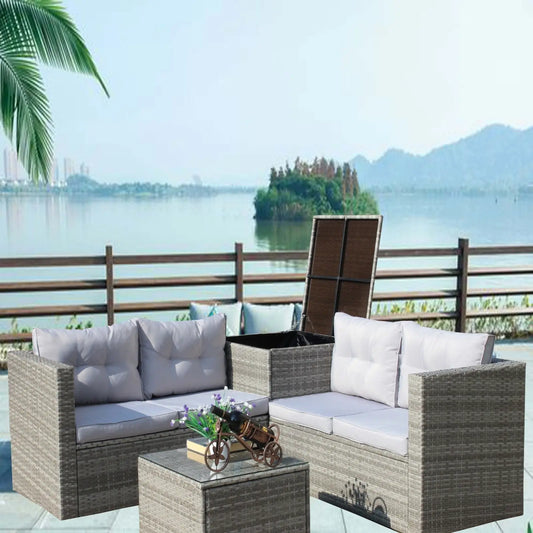 4Pc Patio Sectional Wicker Rattan Sofa Set W  Storage Box Grey My Store