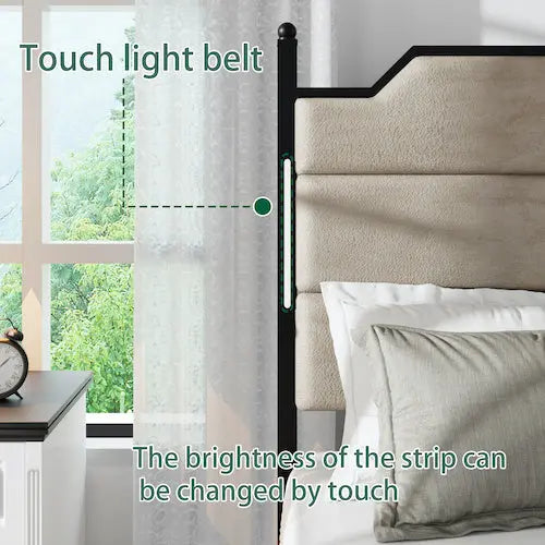 Queen Size Bed Frame With Upholstered Headboard Bed Frame With Charging Station And LED Lights, Wood Slats Brown My Store