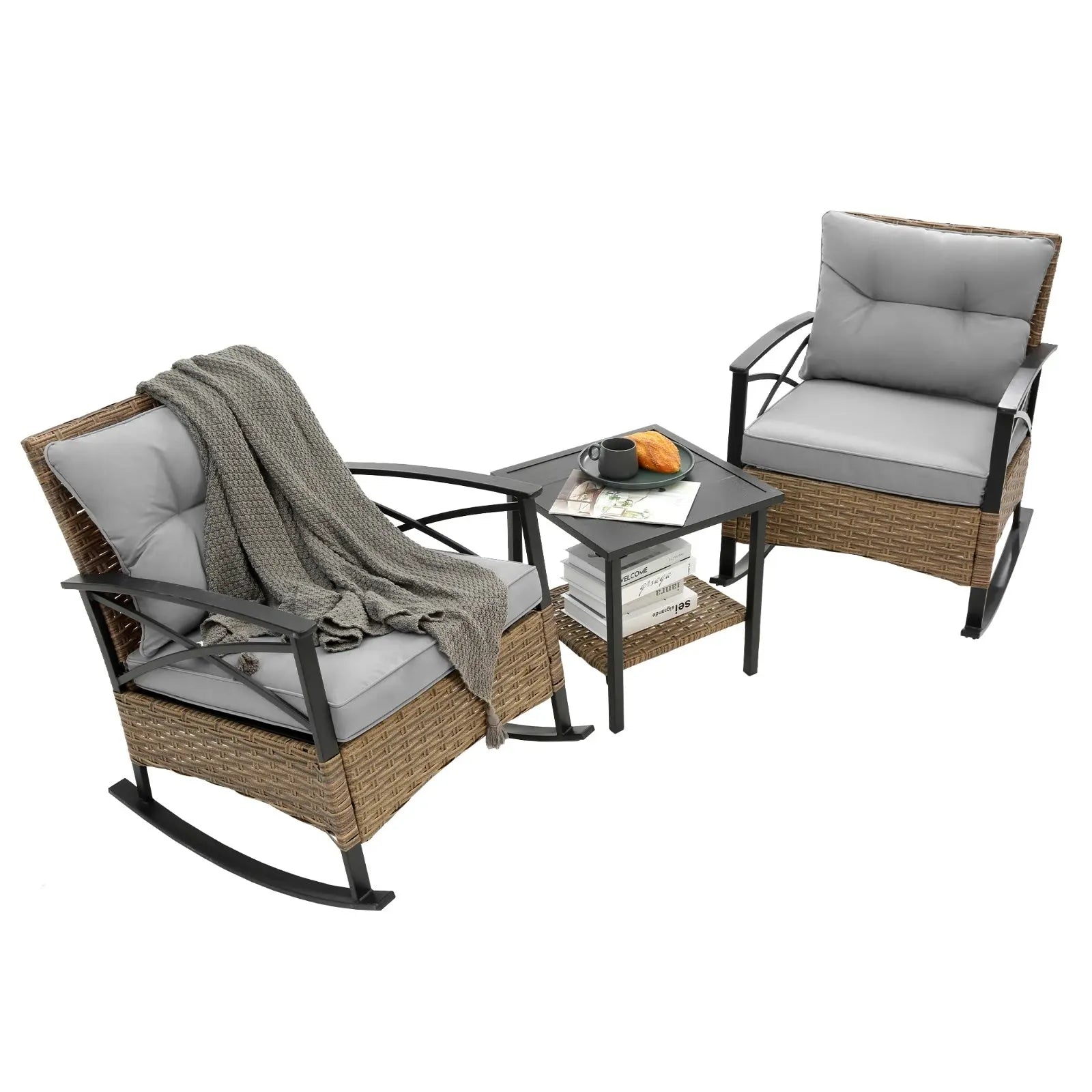 3pcs Rattan Rocking Chair Set Outdoor Leisure Grey My Store