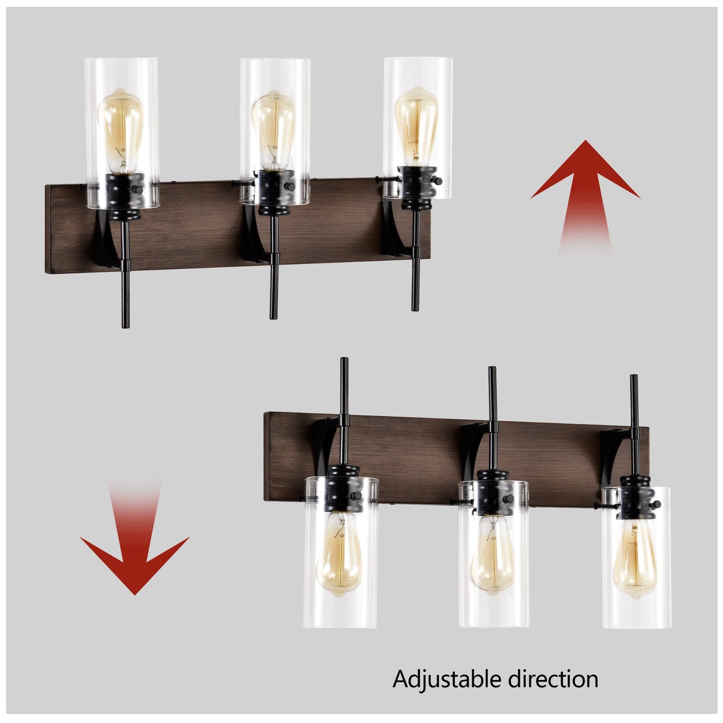 3-Light Matte Black Wood Color Bathroom Light Fixture Inkedjoy