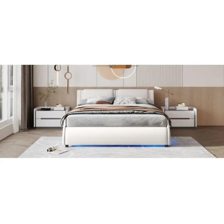 Queen Size Upholstered Faux Leather Platform Bed With LED Light Bed Frame With Slatted - White My Store