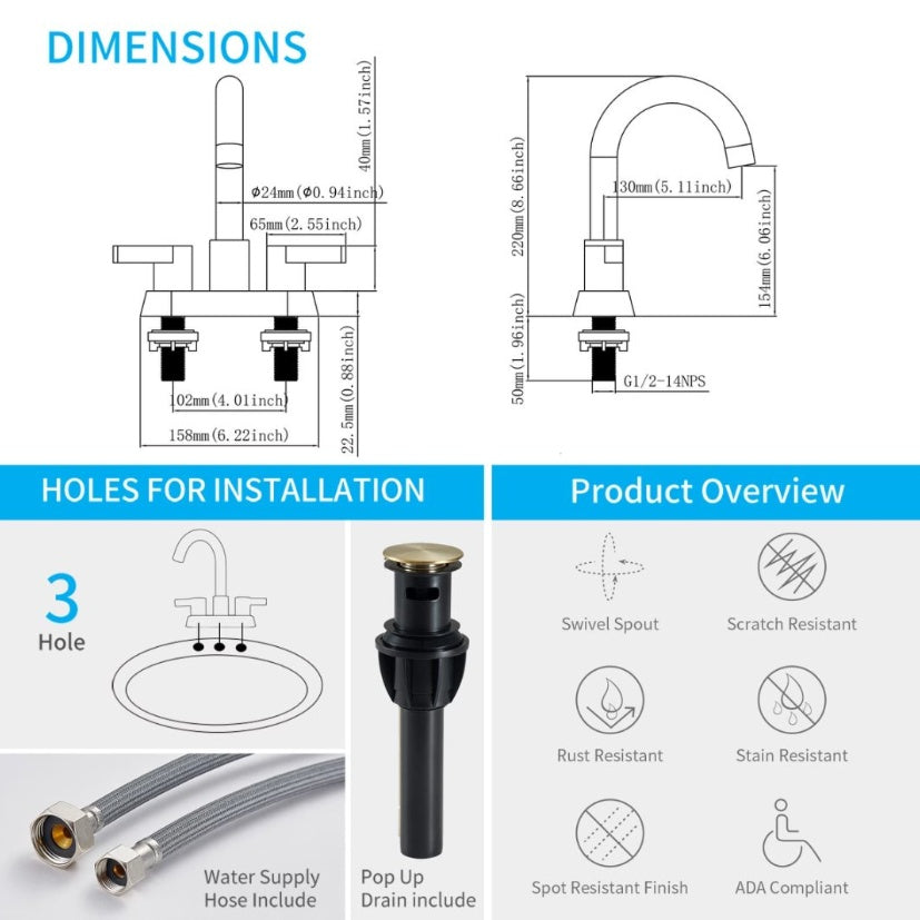 Brushed Gold Bathroom Faucet 4 Inch 2 Handle, Swivel Spout With Brass Drain My Store