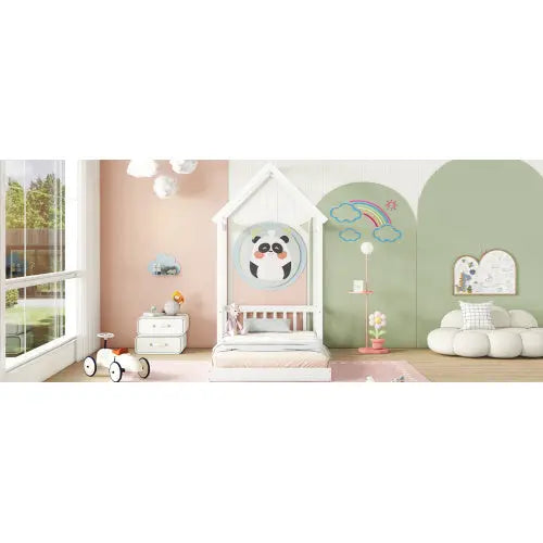 Twin House-shaped Roof Headboard Floor Bed,,without Slats,White My Store