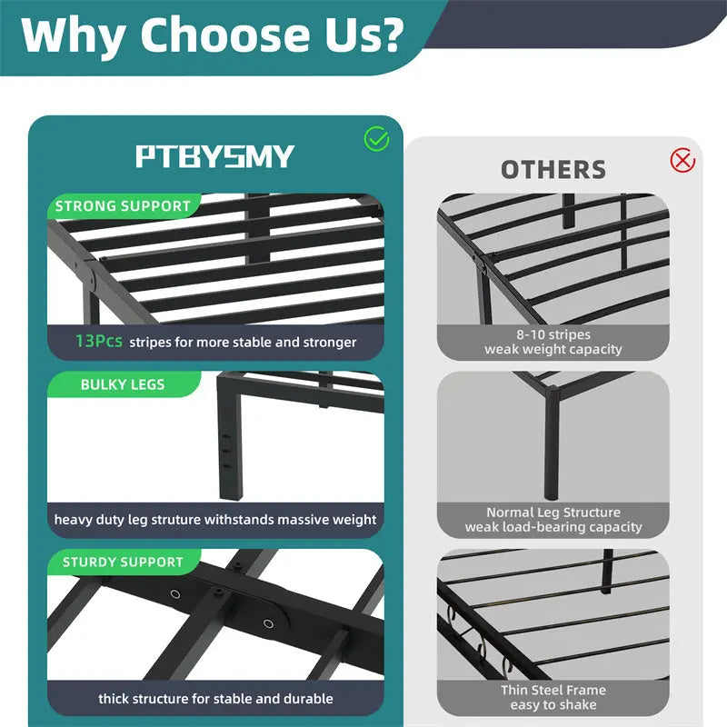 Classic Iron Bed Frame Mattress Under Bed Storage No Box Spring Needed Queen-Black My Store