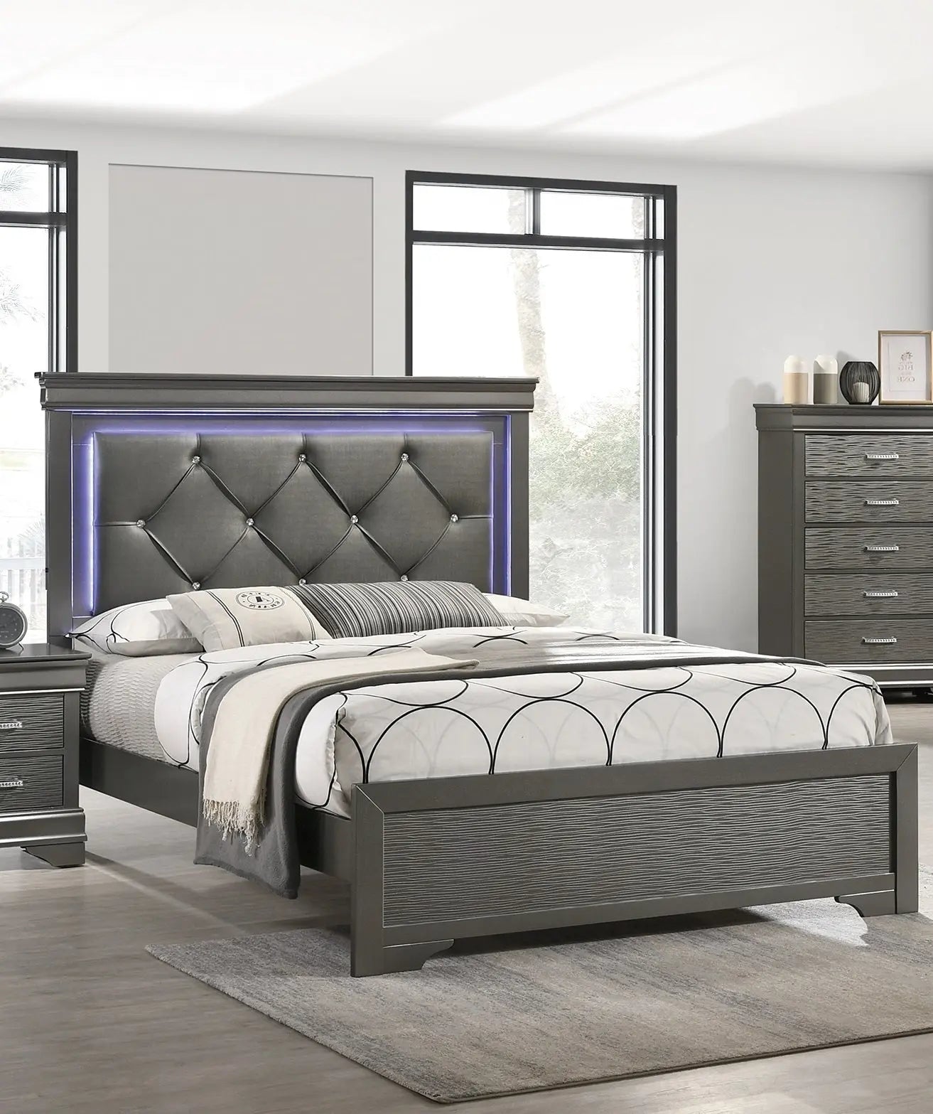 Dark Gray Faux Leather Tufted Headboard 1pc Queen Size Bed W LED Bedroom -Grey My Store