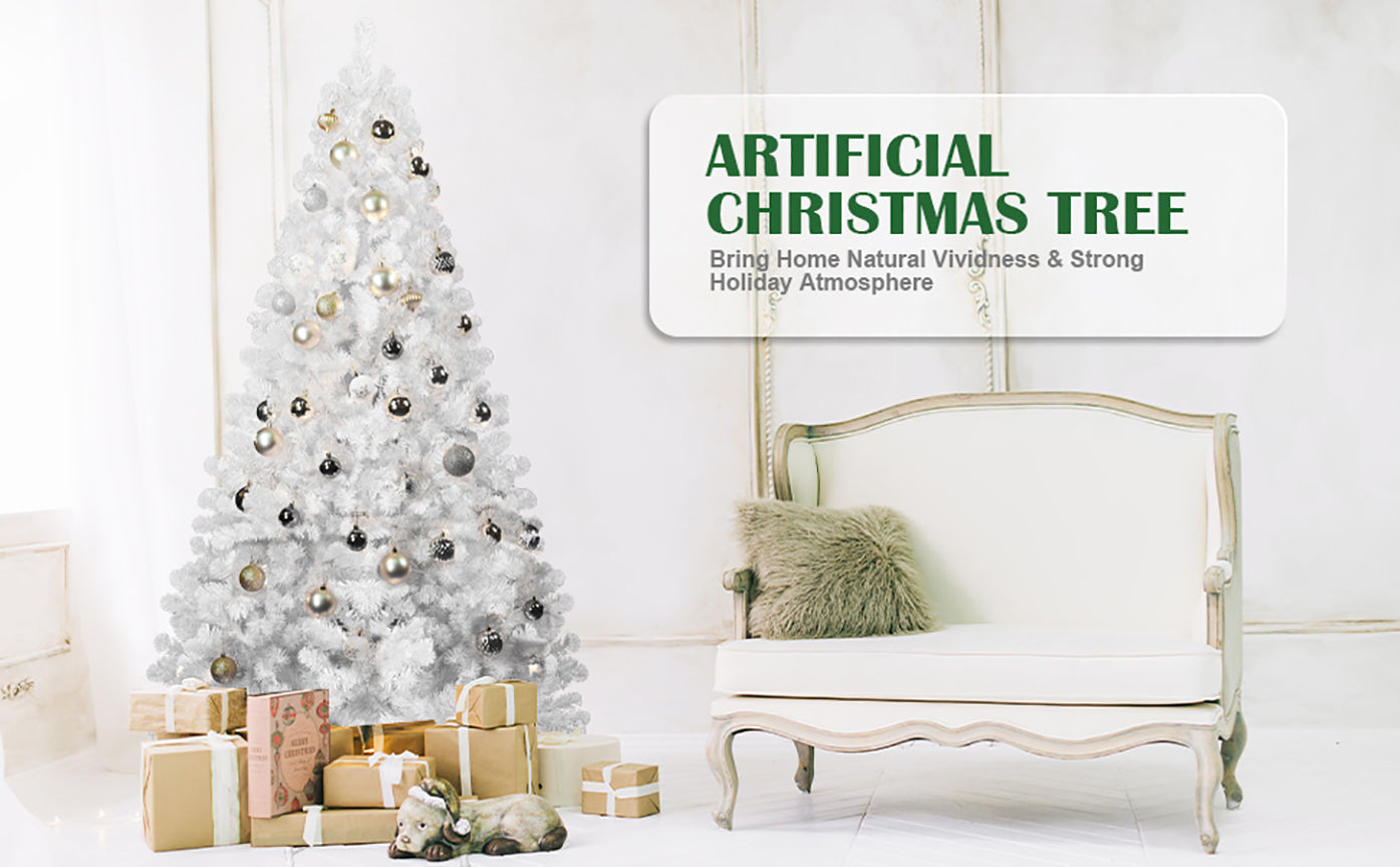 9ft White Christmas Tree with Memory Wire, 1910 Tips Hinged Artificial PVC Tree Ohberri