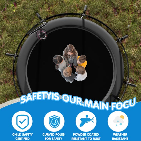 12 FT TRAMPOLINE BLACK PUMPKIN-STYLE SAFETY NET WITH BASKETBALL HOOP My Store