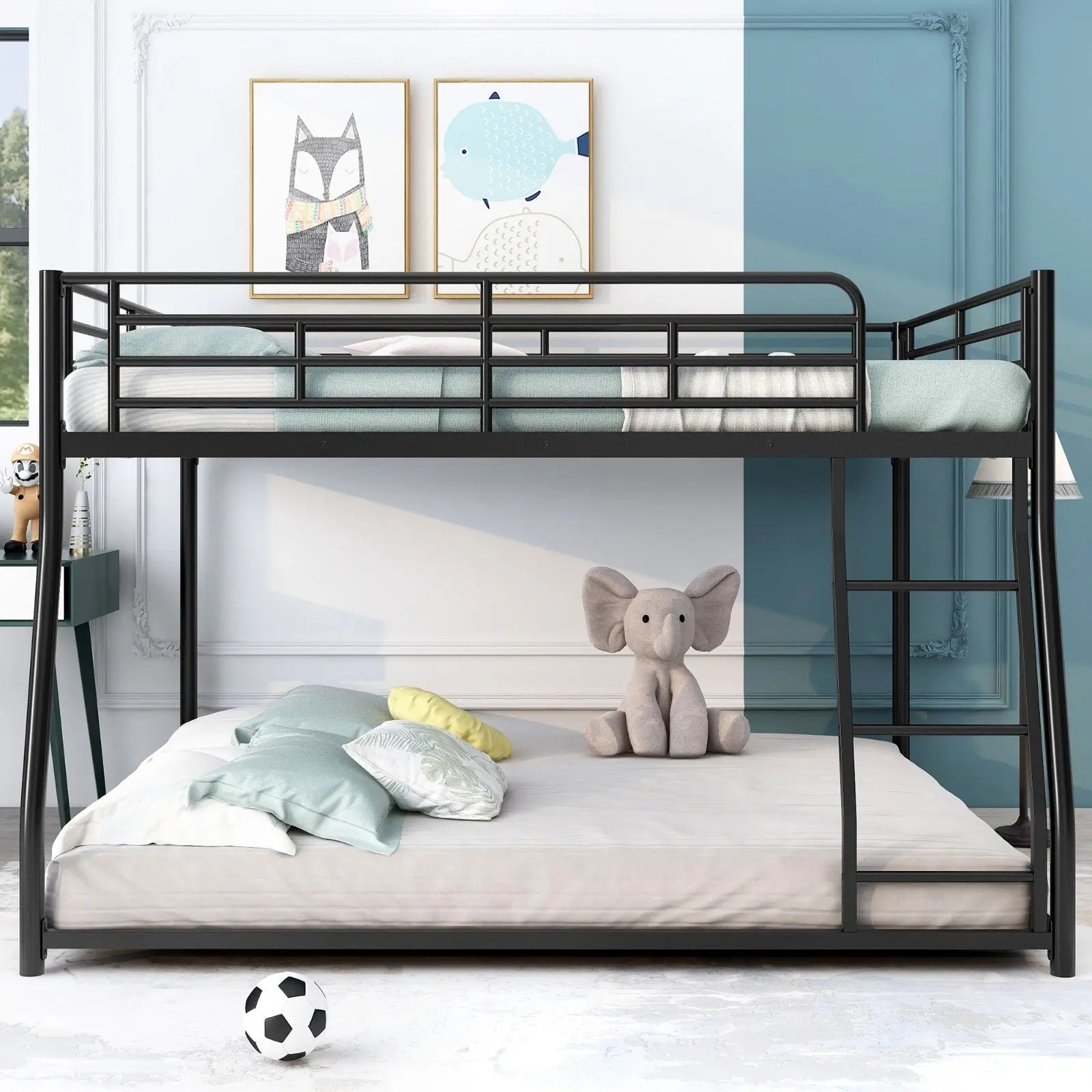 Metal Floor Bunk Bed, Full XL Over Queen, Black My Store