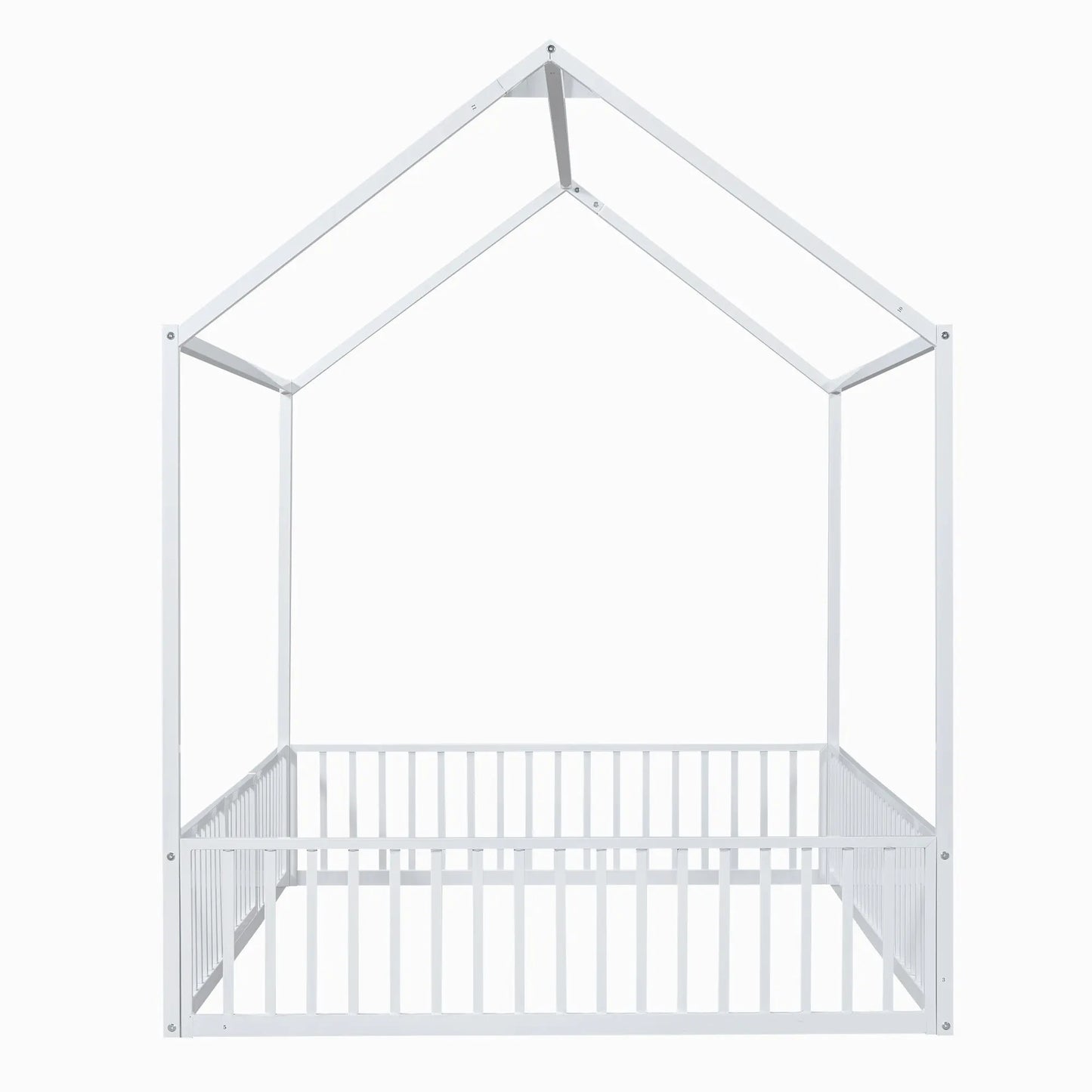 Full Size Metal House Bed With Fence And Door, White My Store