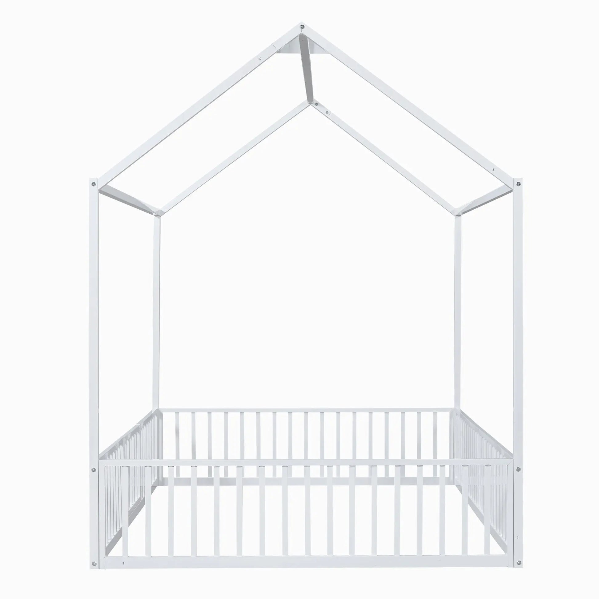Full Size Metal House Bed With Fence And Door, White My Store