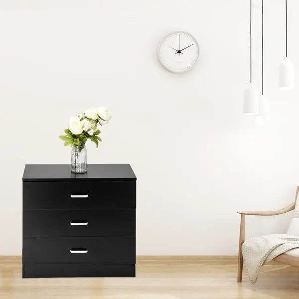 3 Drawers Bedside Table Black My Store