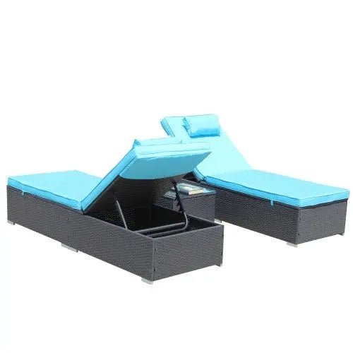 3-Piece Outdoor Patio Furniture Set Chaise Lounge, Patio Reclining Rattan Lounge Chair Chaise Couch Cushioned With Glass Coffee Table, Adjustable Back And Feet, Lounger Chair For Pool Garden, Blue My Store