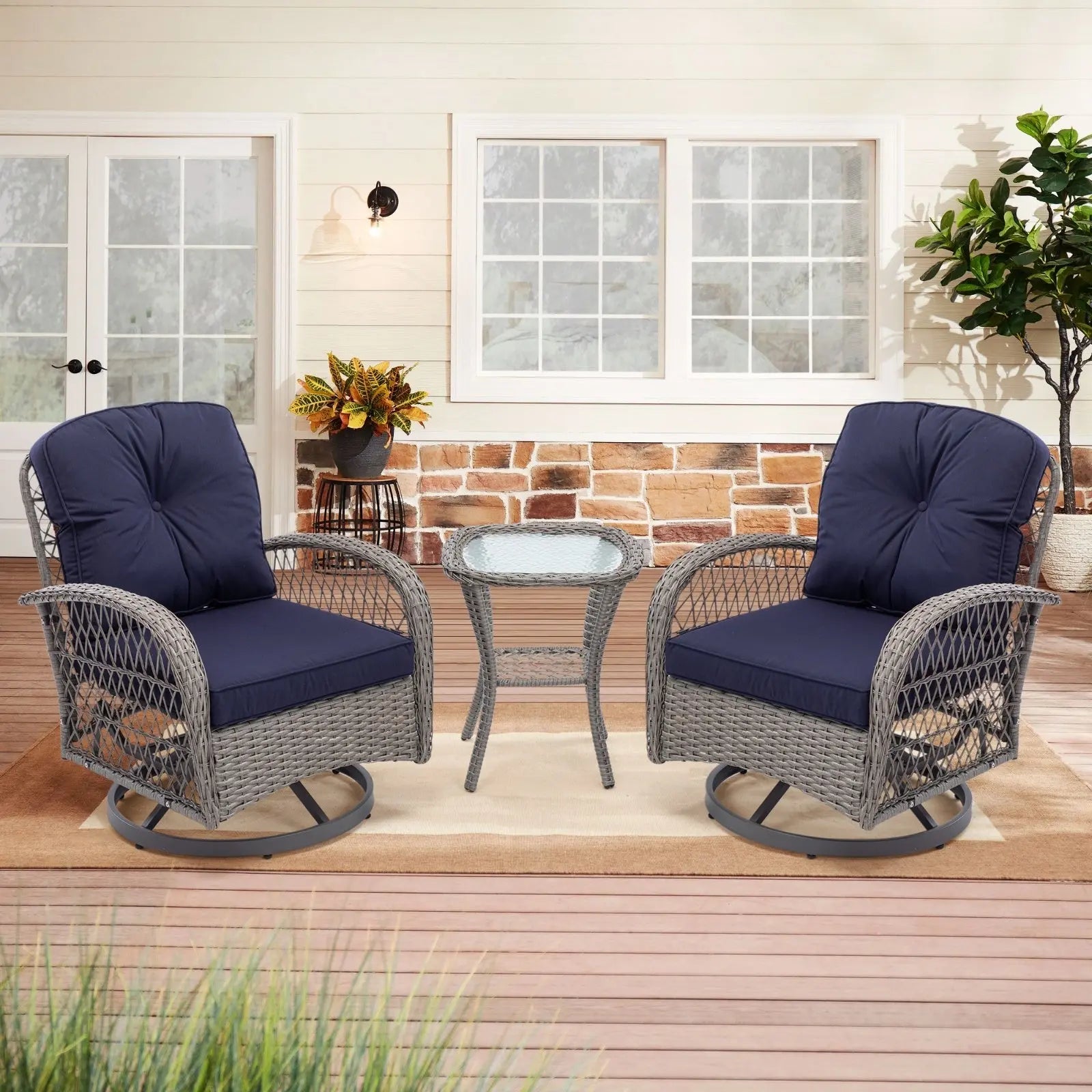 3pc Outdoor Swivel Rocker Patio Chairs 360  Rocking Set With Thick Cushions My Store