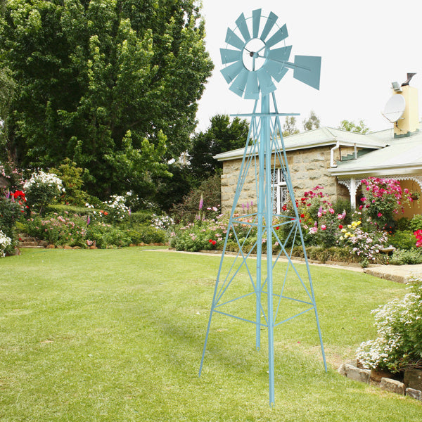 8ft Light Blue Ribbon Wind Vane, 4-pod Standing Iron Windmill Inkedjoy