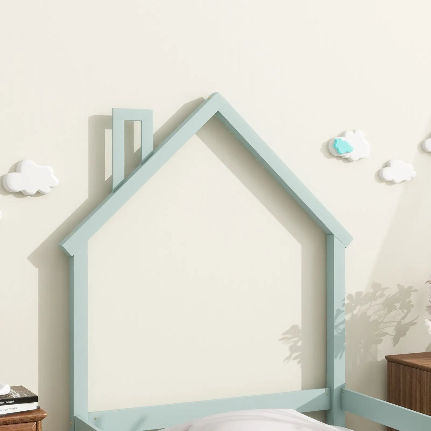Twin Size Wood Bed With House-shaped Headboard Floor Bed With Fences,Light Green My Store