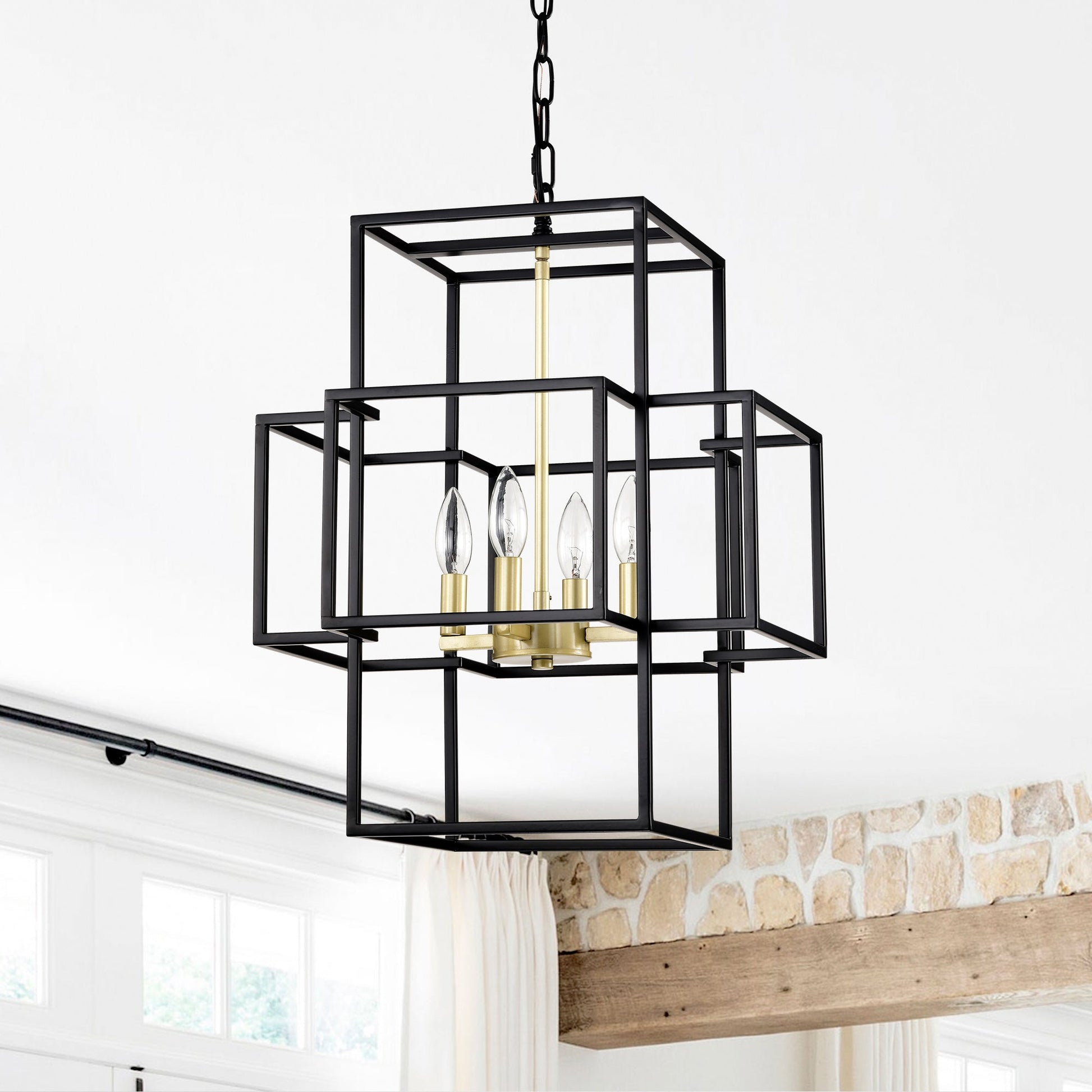 4-Light Metal Lantern Tiered Pendant Hanging Light Fixtures -Matte Black & Gold Inkedjoy