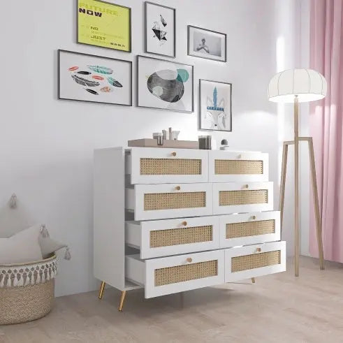 White Color 8 Drawers Chest With Rattan Drawer Face Golden Legs And Handles My Store