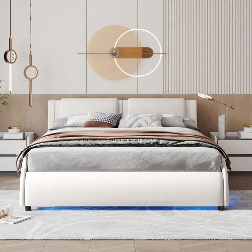 Queen Size Upholstered Faux Leather Platform Bed With LED Light Bed Frame With Slatted - White My Store