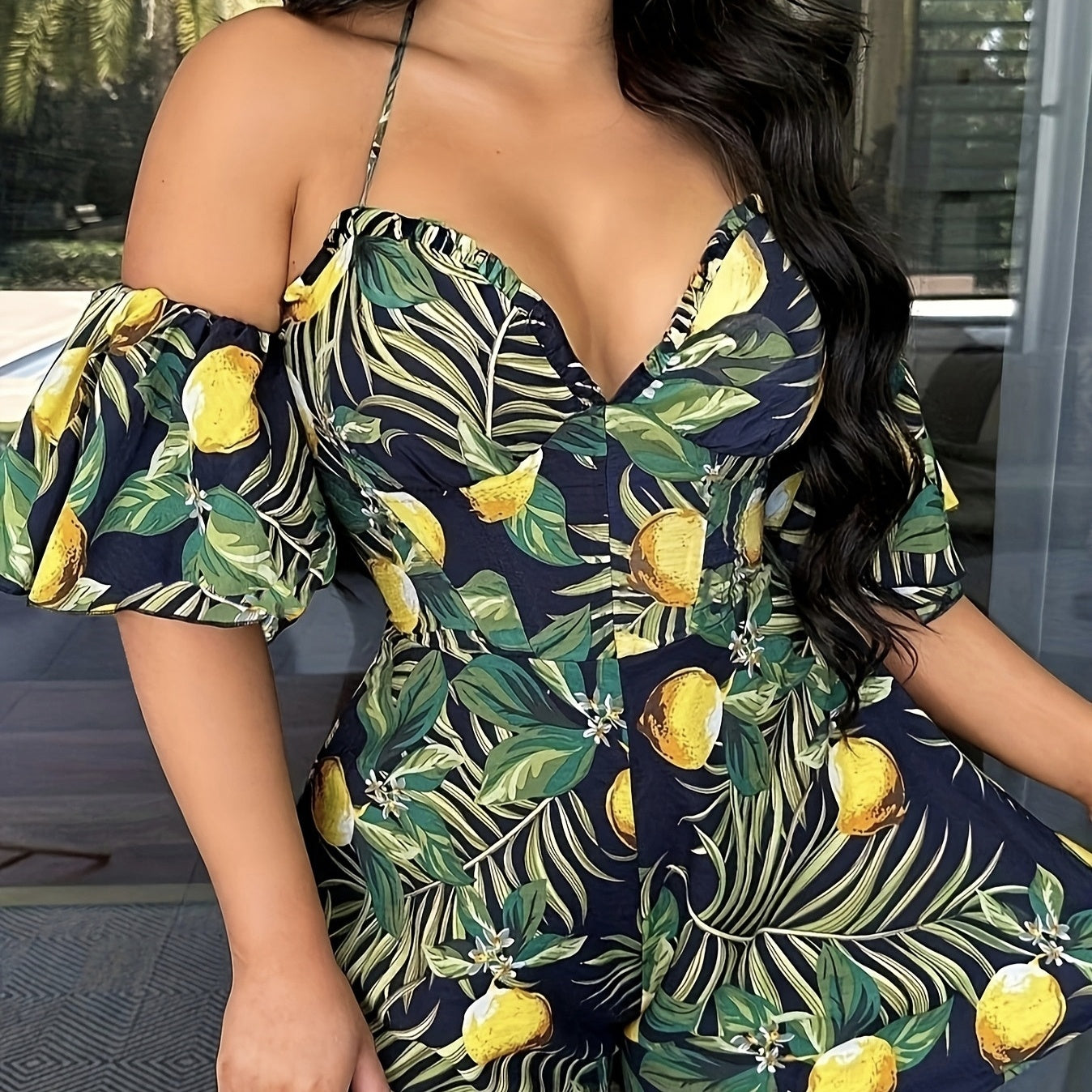 Ladies' Elegant All Inclusive Printed Off Shoulder Short Ruffled Sleeves Sexy V-neck Vacation Sexy Jumpsuit Inkedjoy