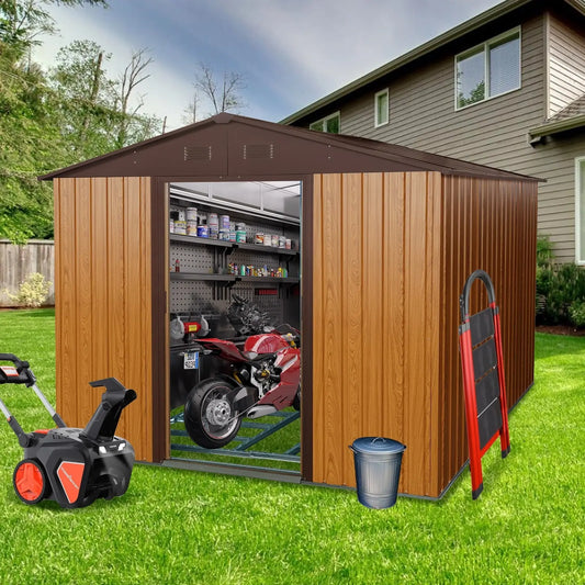 10ft X 8ft Outdoor Metal Storage Shed With Metal Floor Base,Coffee My Store