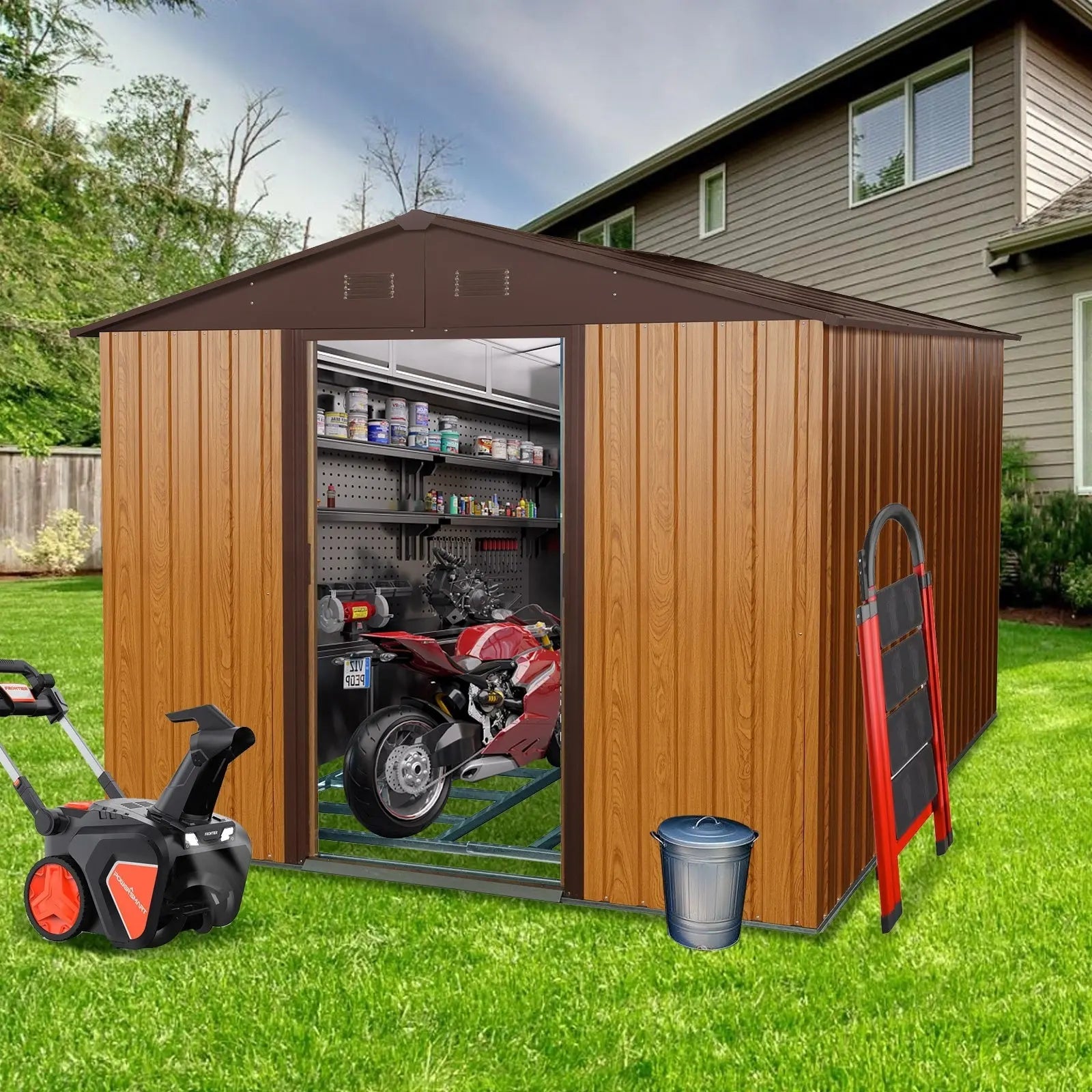 10ft X 8ft Outdoor Metal Storage Shed With Metal Floor Base,Coffee My Store