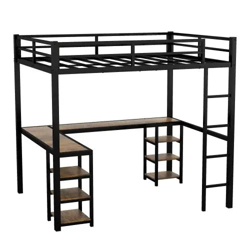 Twin XL Metal Loft Bed With Desk And Shelves, Loft Bed With Ladder And Guardrails-Black My Store