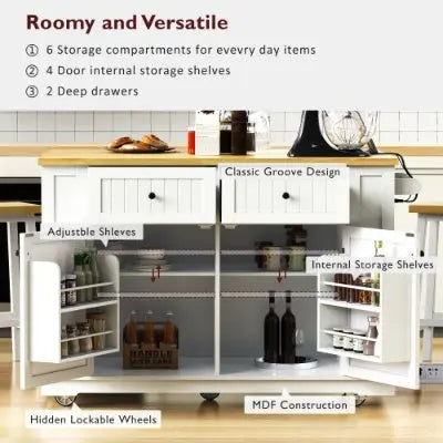 Large Kitchen Island With 2 Bar Stools, Power Outlet, Door Internal Storage Rack My Store
