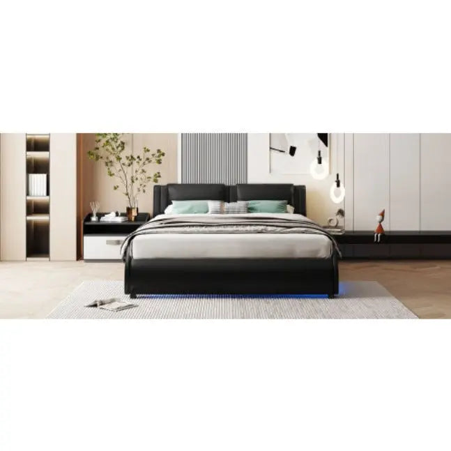 Full Size Upholstered Faux Leather Platform Bed With LED Light Bed Frame With Slatted - Black My Store