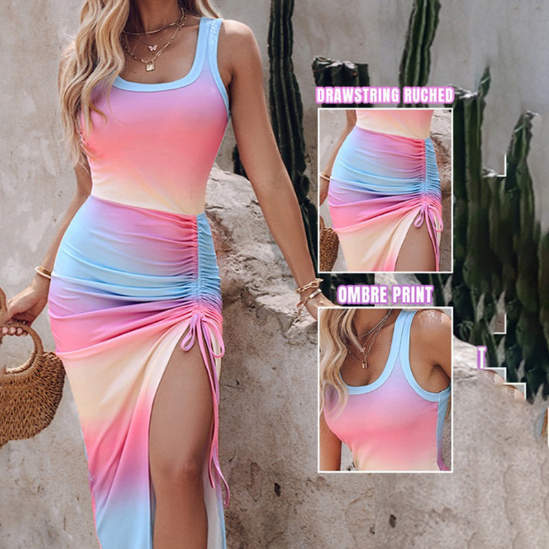 Women's Summer Sexy Sleeveless Side Split Drawstring Bodycon Ruched Tank Dress Inkedjoy