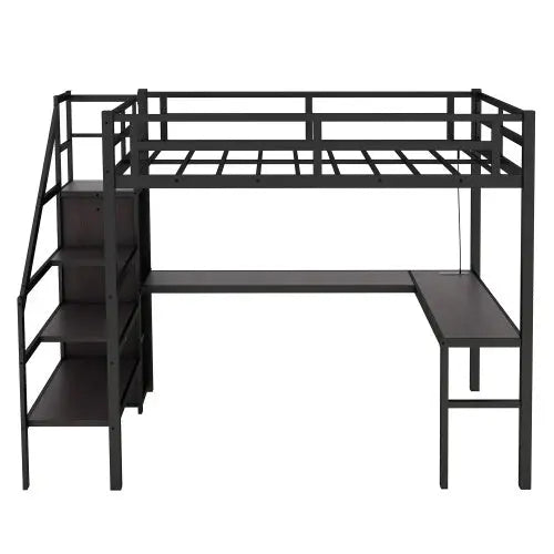 Twin XL Size Loft Bed With L-shaped Desk And USB, Metal -Black My Store