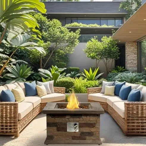 Outdoor Propane Fire Pit Table 28-inch Imitation Stone Square Concrete Propane Fire Pit With Lava Rocks And Rain Cover My Store