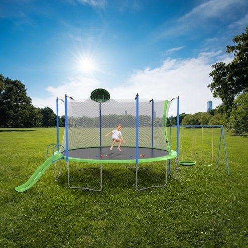 12FT Trampoline With Slide And Swings With Basketball Hoop And Ladder And Net My Store