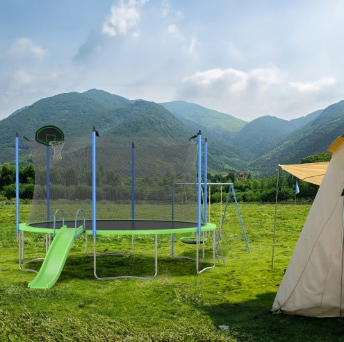 12FT Trampoline With Slide And Swings With Basketball Hoop And Ladder And Net My Store