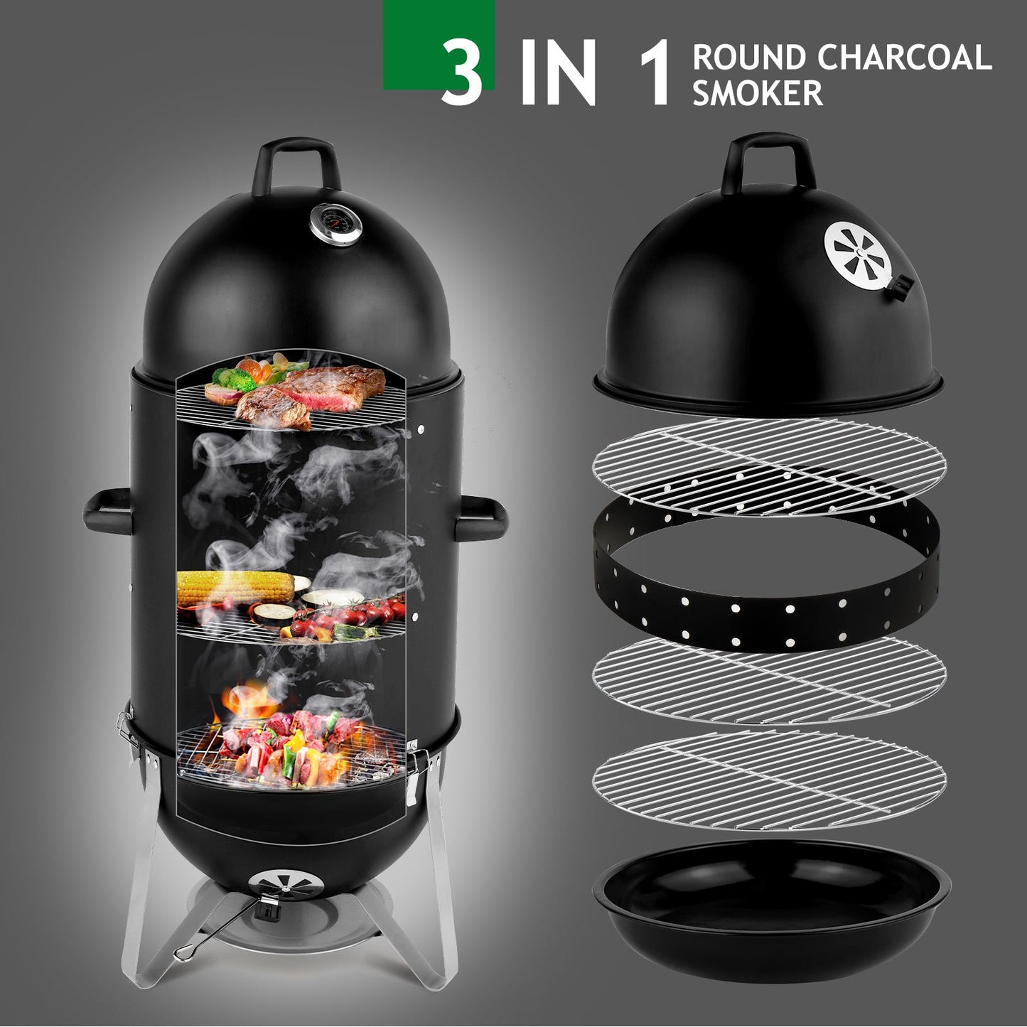 3-layer Oval Cylinder Smoker Iron Charcoal Grill Inkedjoy