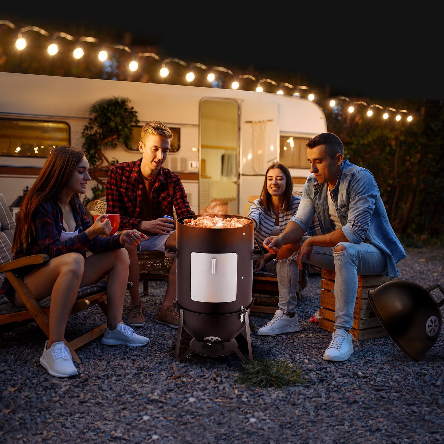 3-layer Oval Cylinder Smoker Iron Charcoal Grill Inkedjoy