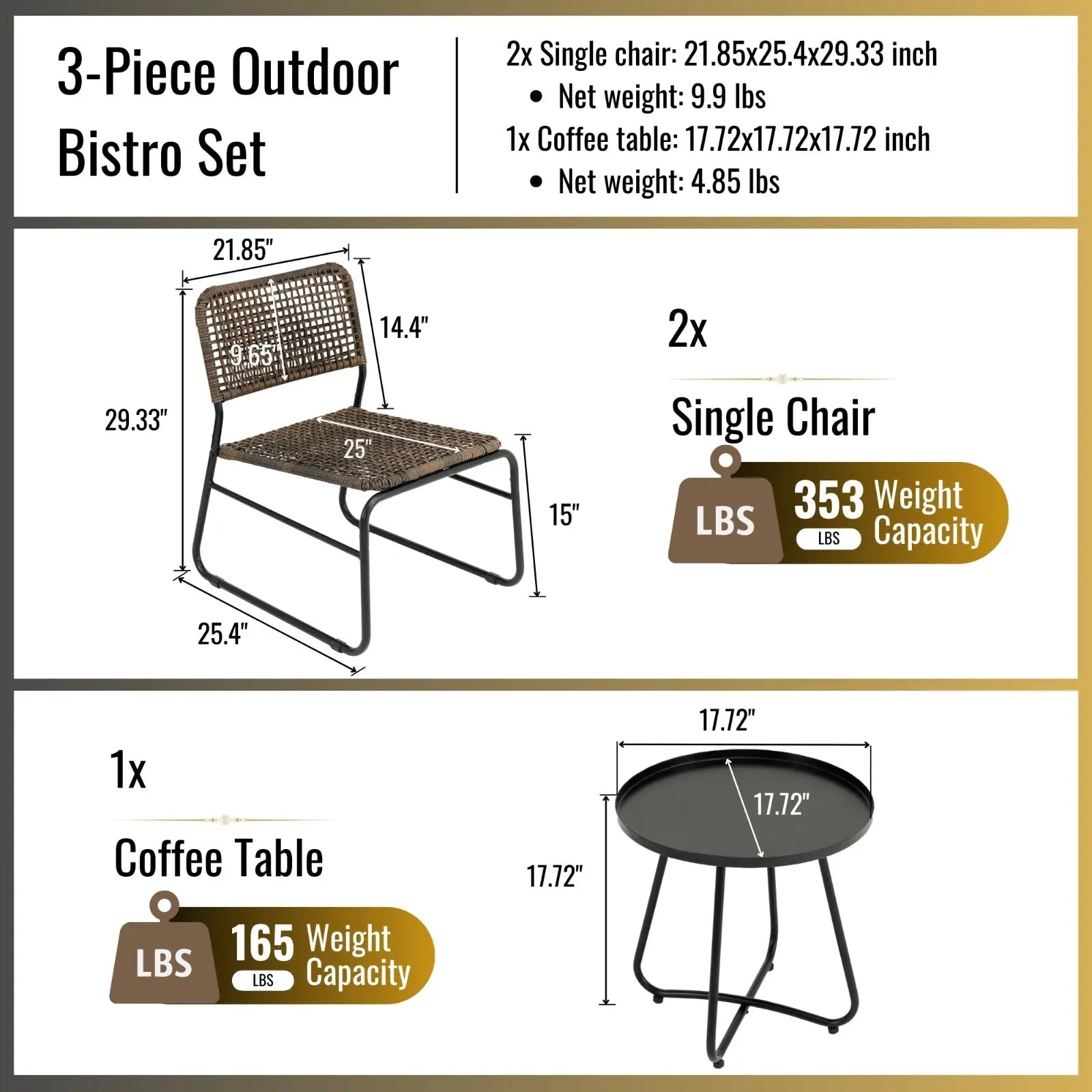 Patio Furniture Set 3 Piece Rattan Steel Frame And Modern Round Table- Brown My Store