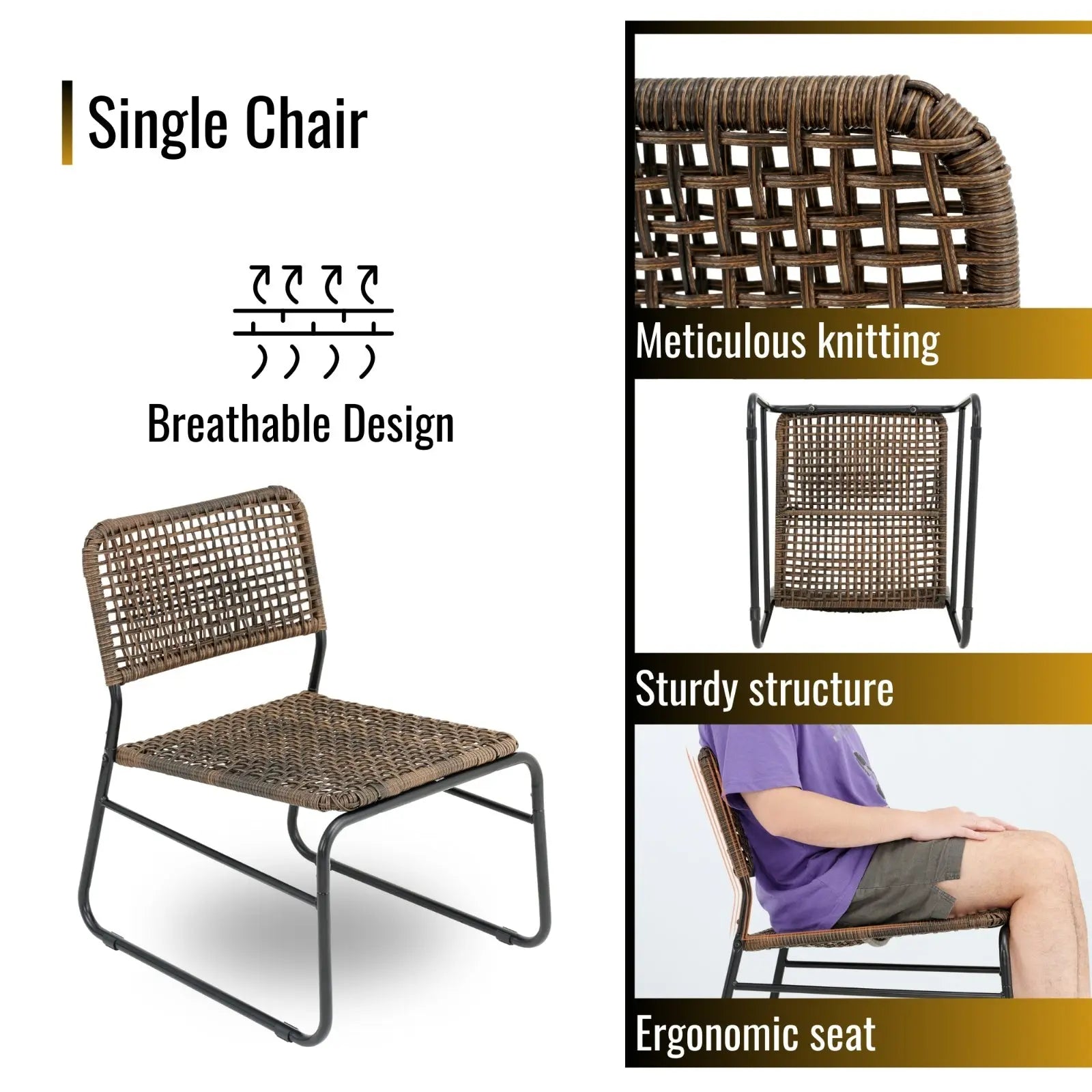 Patio Furniture Set 3 Piece Rattan Steel Frame And Modern Round Table- Brown My Store