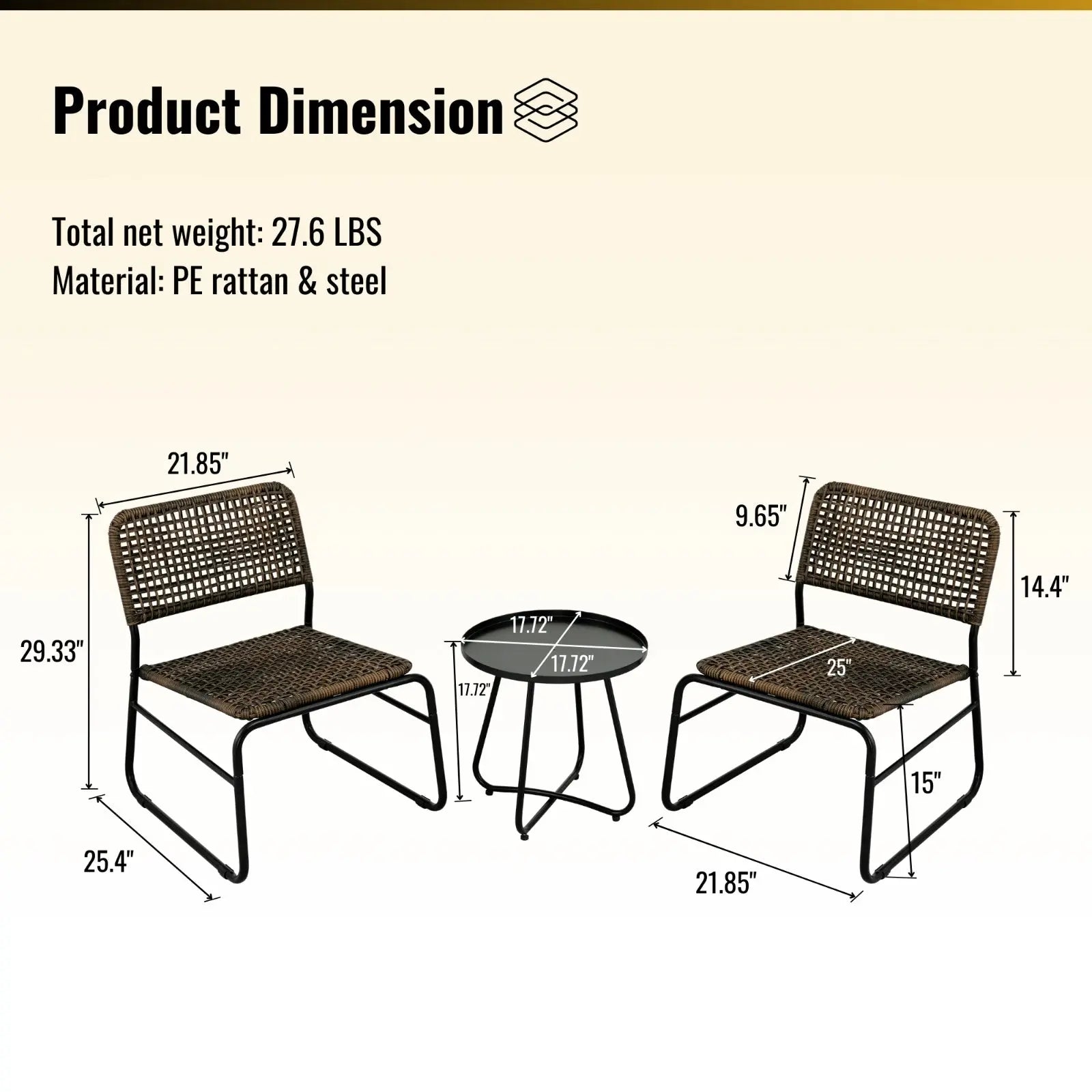 Patio Furniture Set 3 Piece Rattan Steel Frame And Modern Round Table- Brown My Store