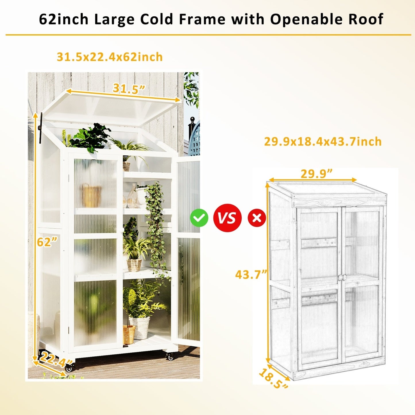 62in Wood Large Greenhouse With Wheels And Adjustable Shelf Inkedjoy