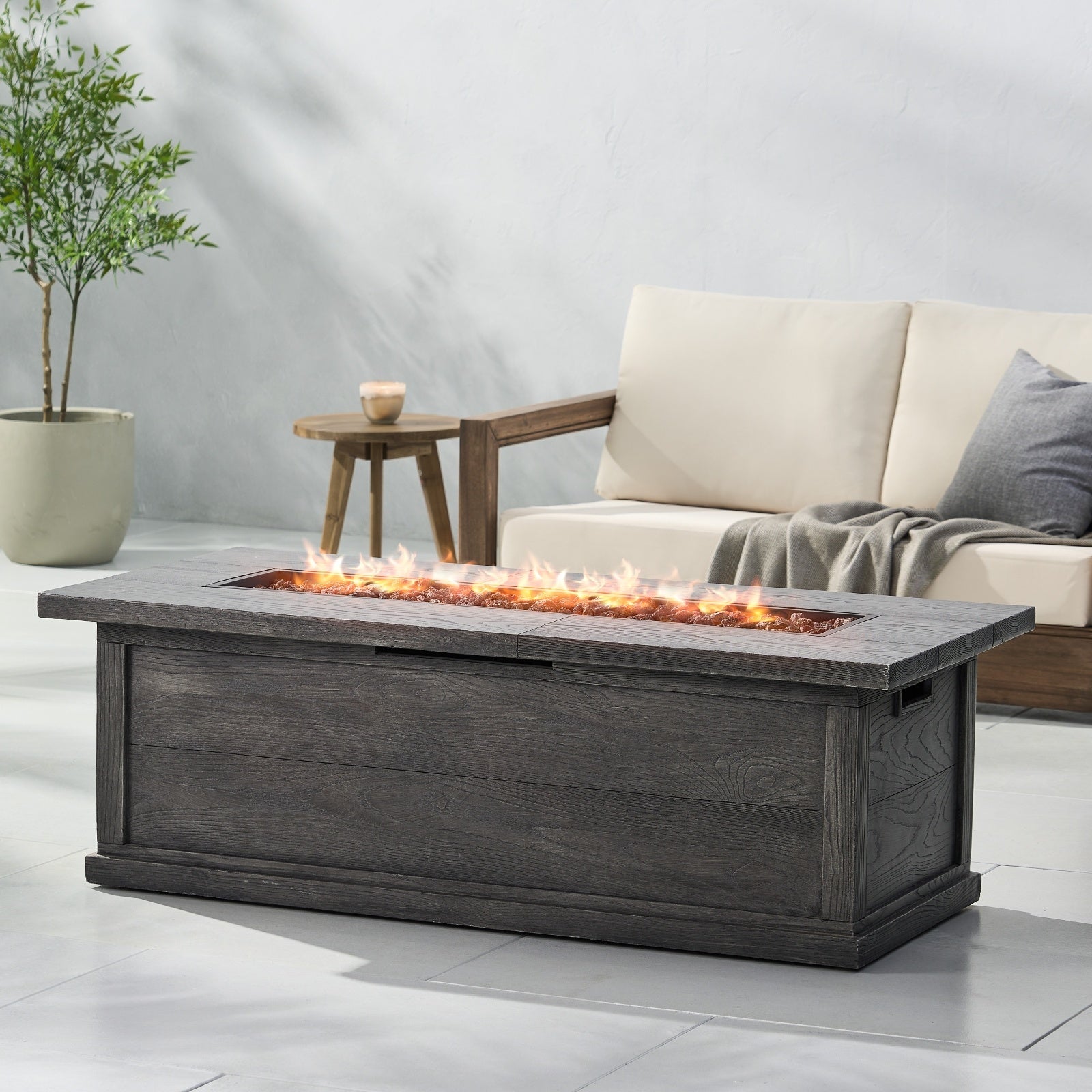 Patio Fire Pit Rectangular Wood Finish MGO Fire Table - Grey Inkedjoy