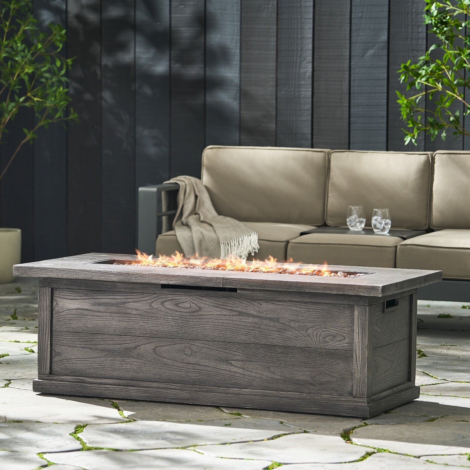 Patio Fire Pit Rectangular Wood Finish MGO Fire Table - Grey Inkedjoy
