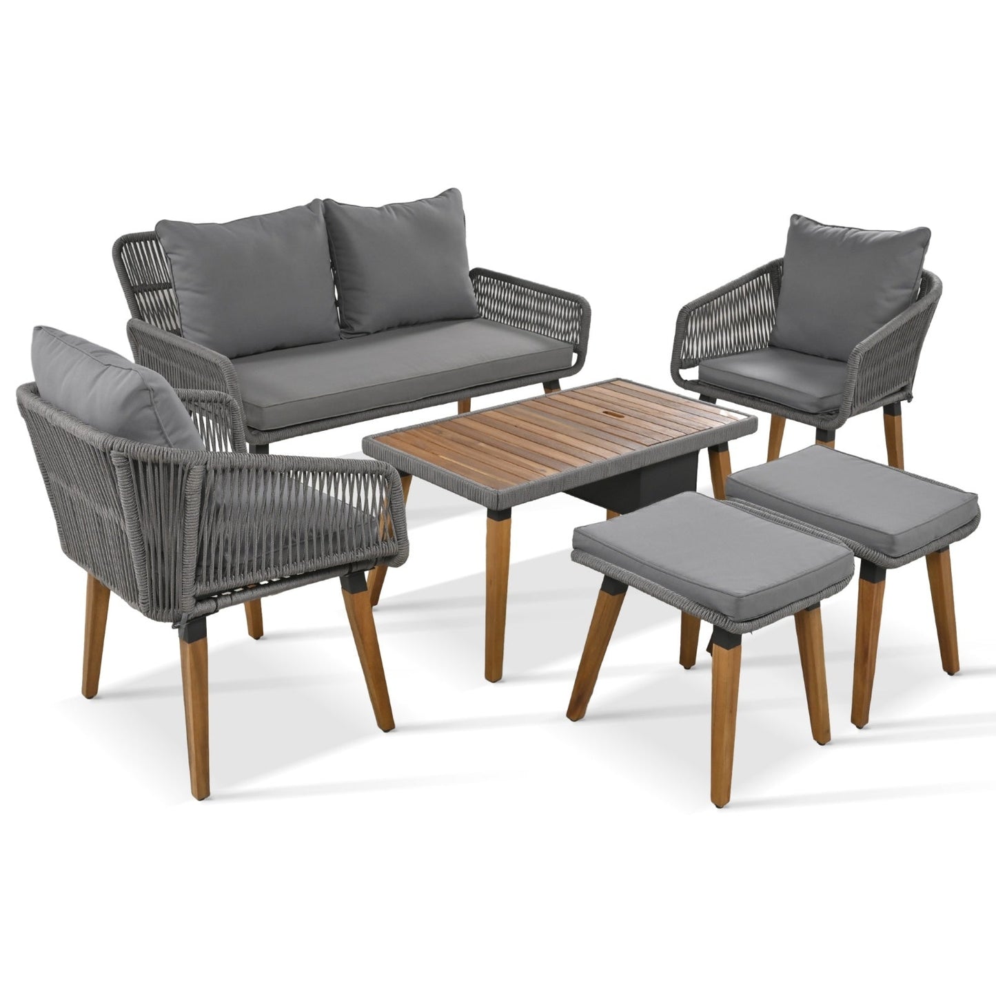 6-Piece Rope Patio Furniture Set, Outdoor Furniture With Acacia Wood Cool Bar Table Inkedjoy