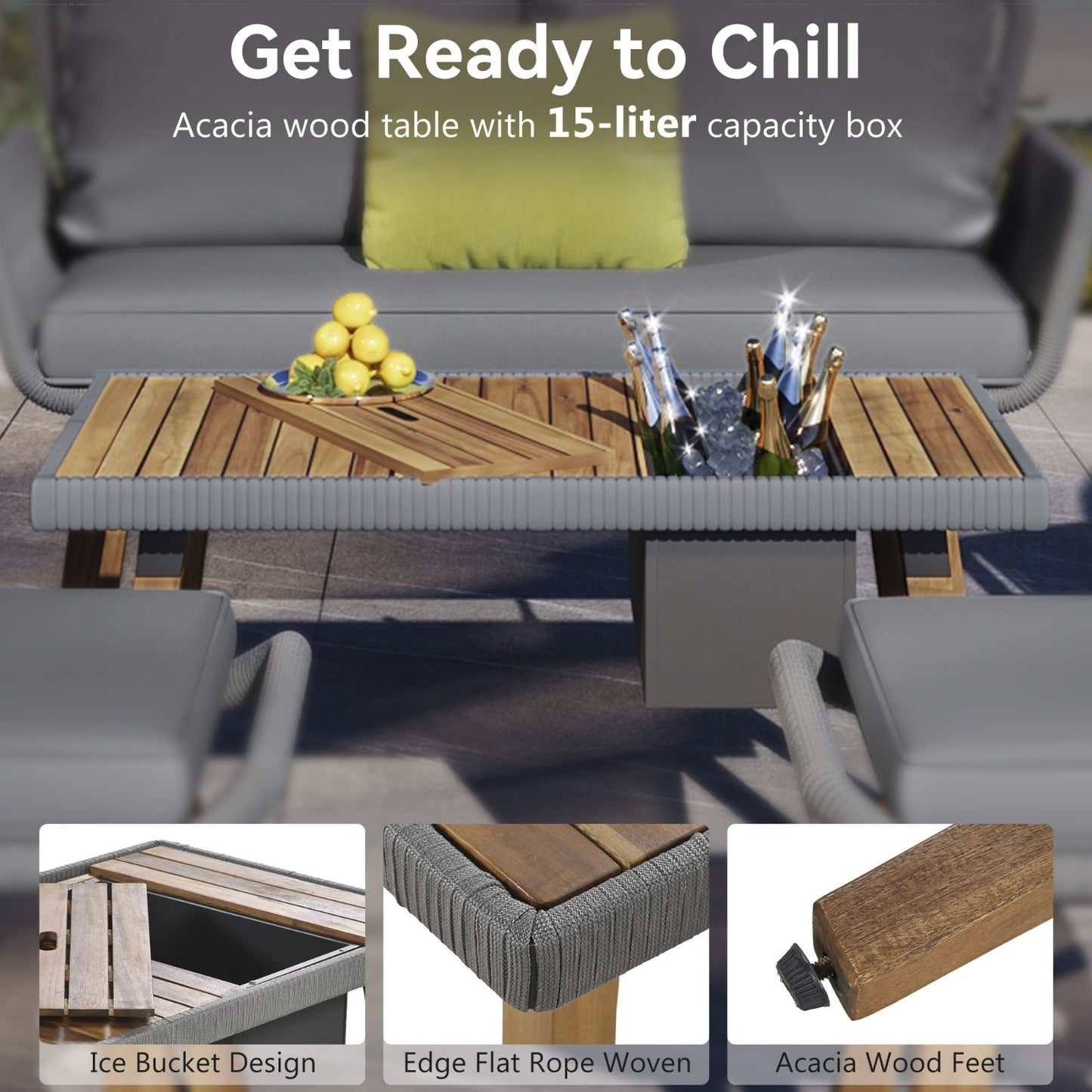 6-Piece Rope Patio Furniture Set, Outdoor Furniture With Acacia Wood Cool Bar Table Inkedjoy