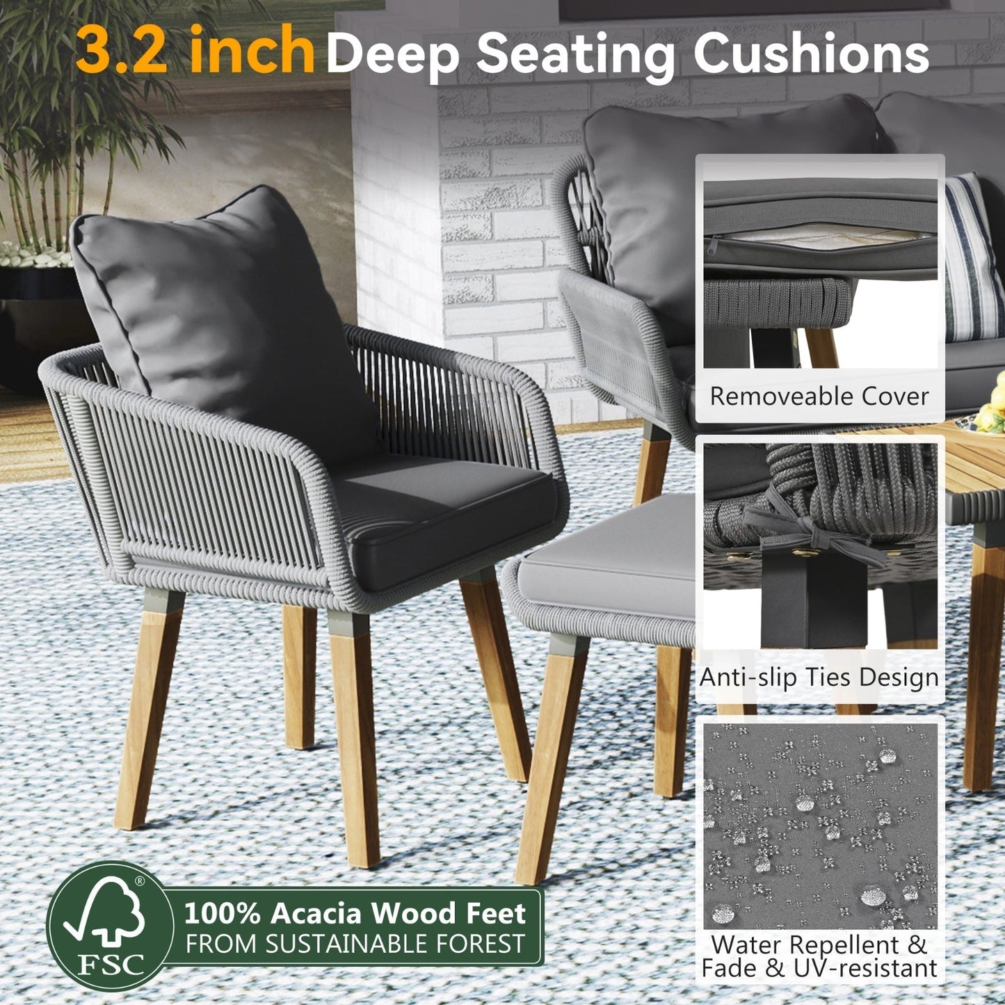 6-Piece Rope Patio Furniture Set, Outdoor Furniture With Acacia Wood Cool Bar Table Inkedjoy