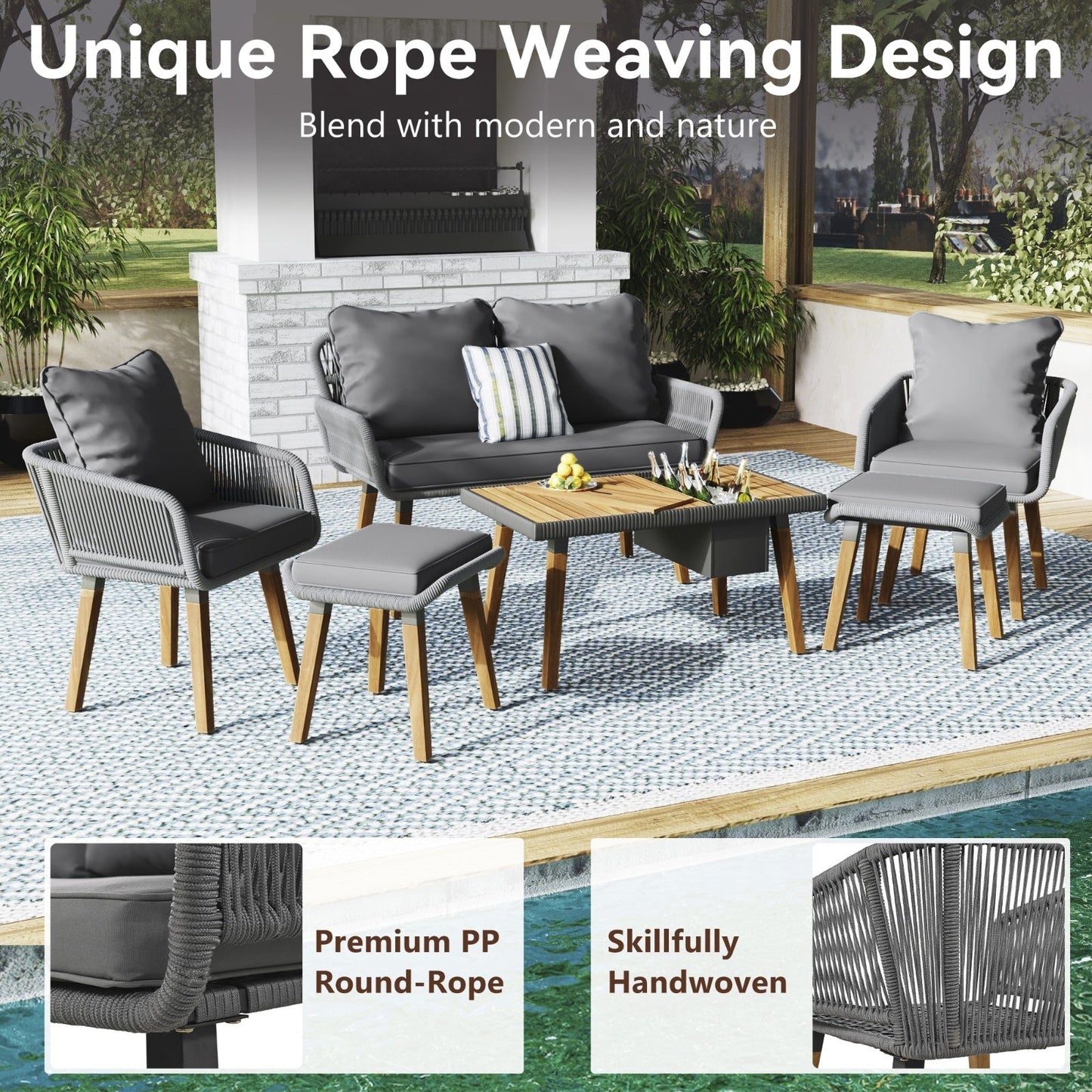 6-Piece Rope Patio Furniture Set, Outdoor Furniture With Acacia Wood Cool Bar Table Inkedjoy