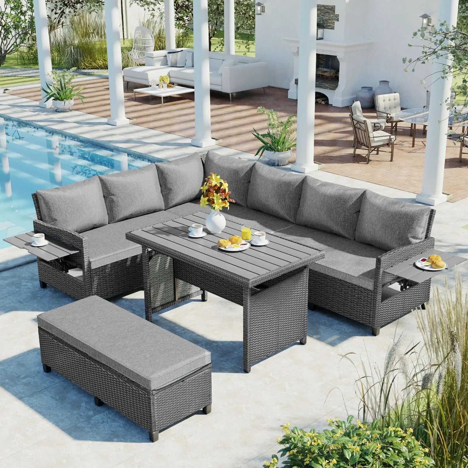 5-Pc Outdoor Patio Rattan Sofa Set, L-Shaped PE Wicker Garden Furniture My Store