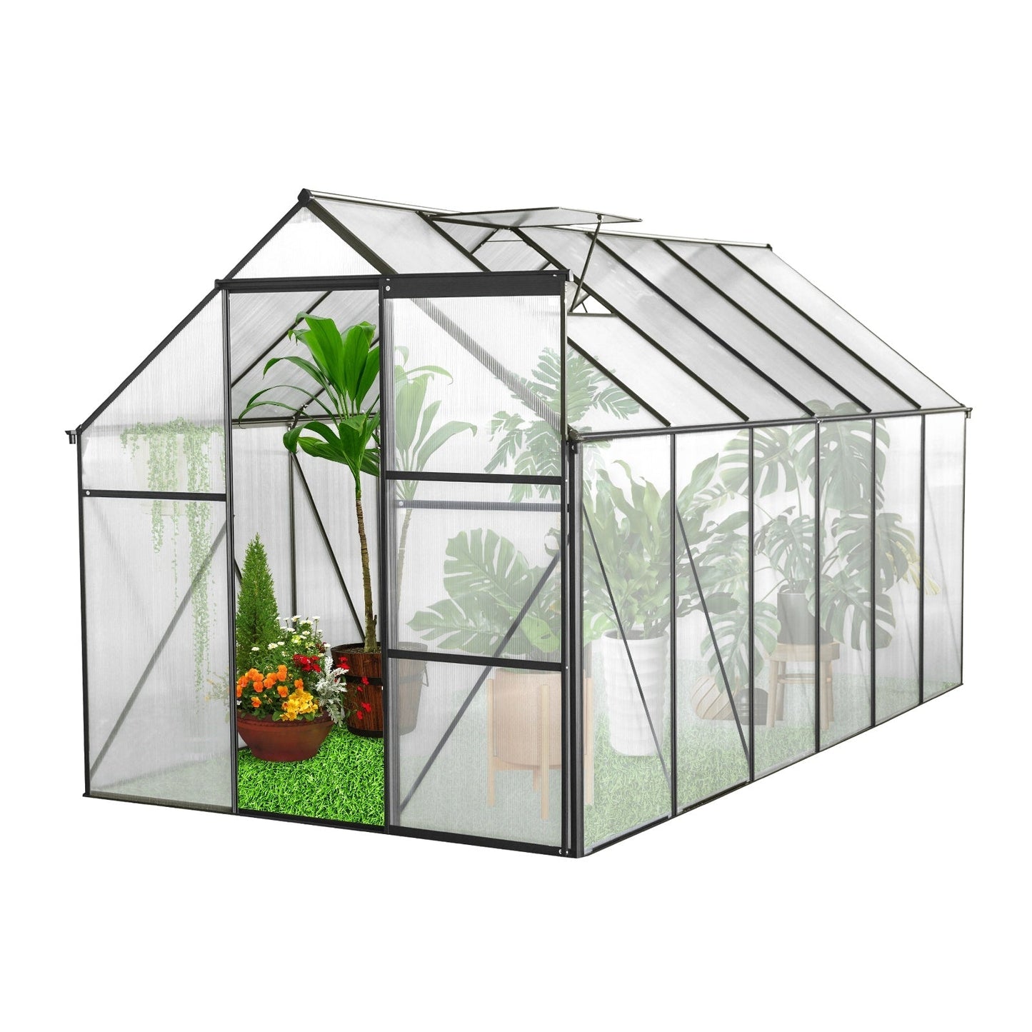 6x12 FT Polycarbonate Greenhouse W Raised Base Anchor, Heavy Duty Walk-in Inkedjoy