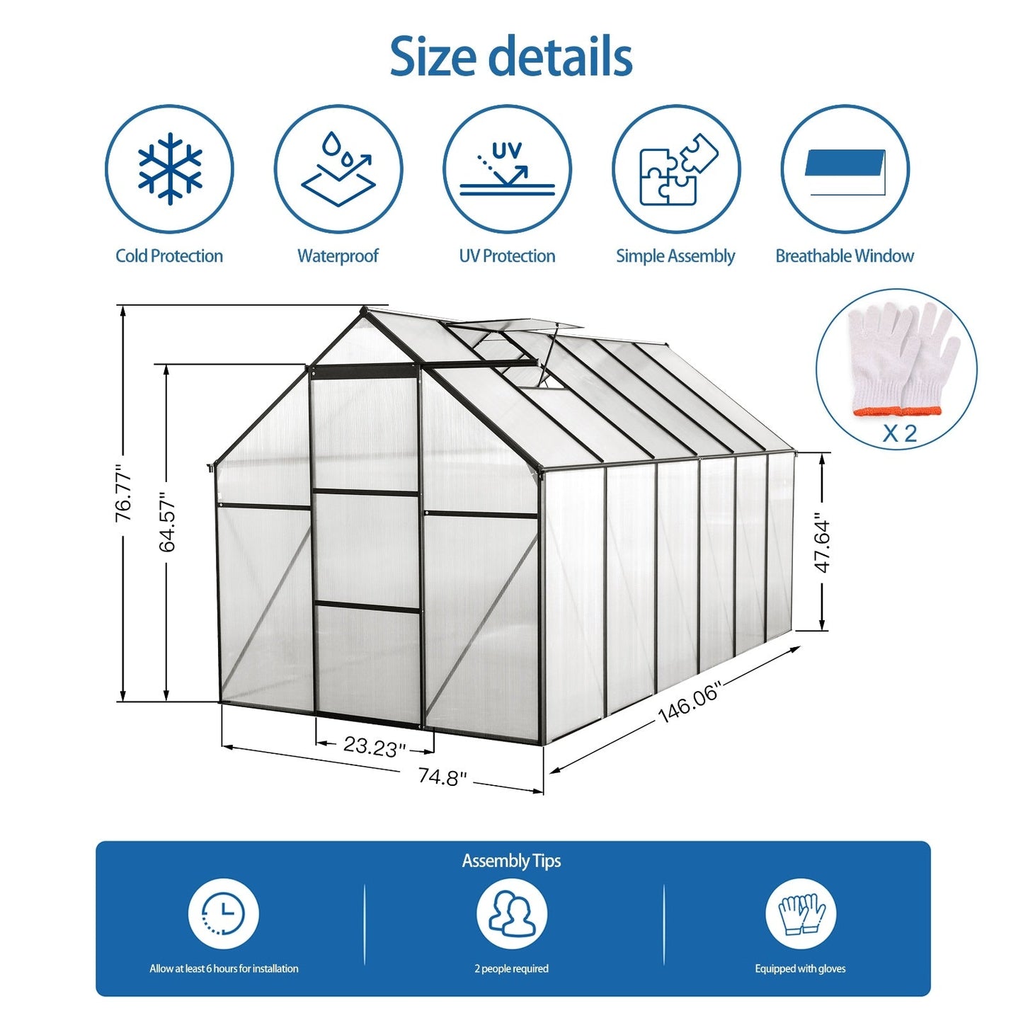 6x12 FT Polycarbonate Greenhouse W Raised Base Anchor, Heavy Duty Walk-in Inkedjoy