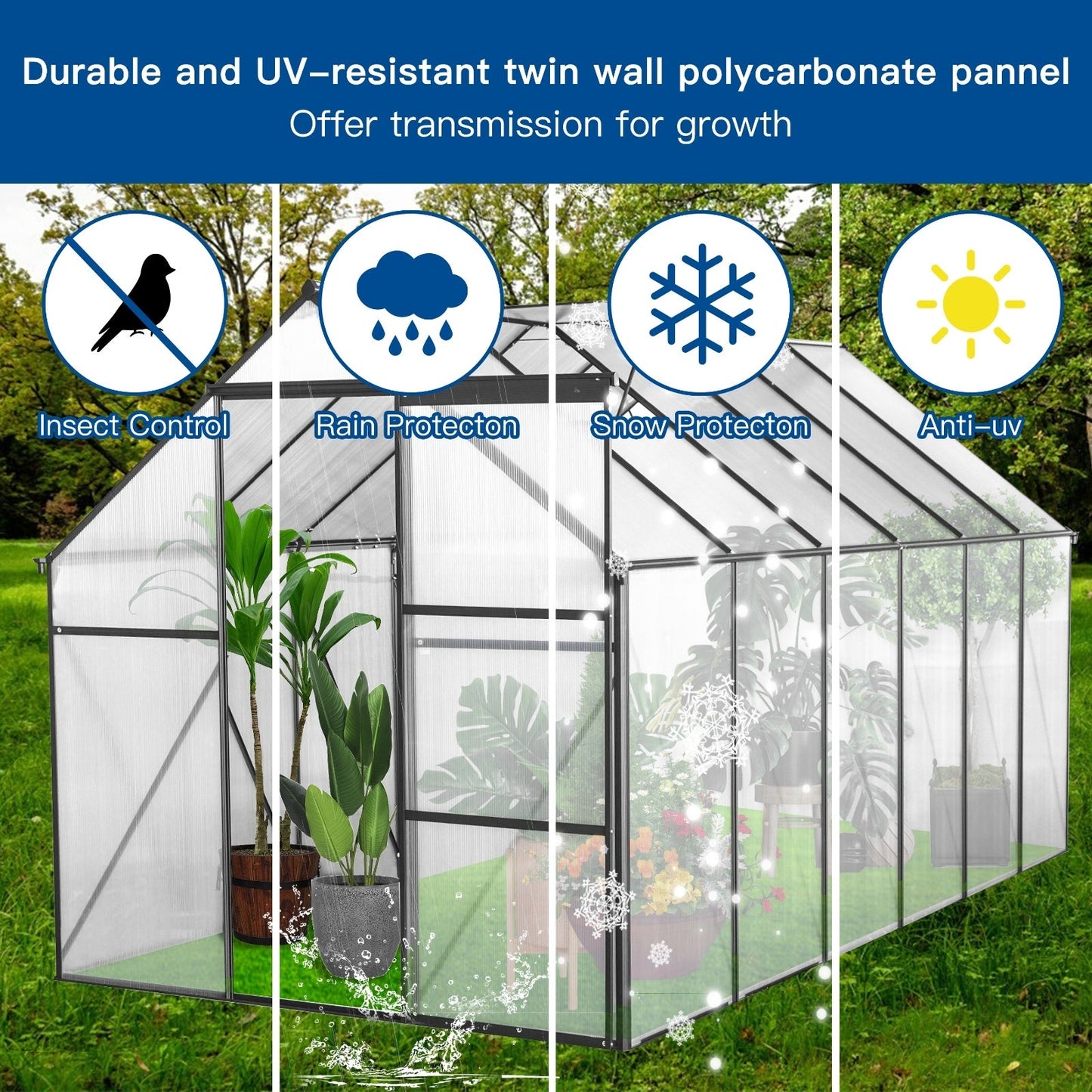 6x12 FT Polycarbonate Greenhouse W Raised Base Anchor, Heavy Duty Walk-in Inkedjoy