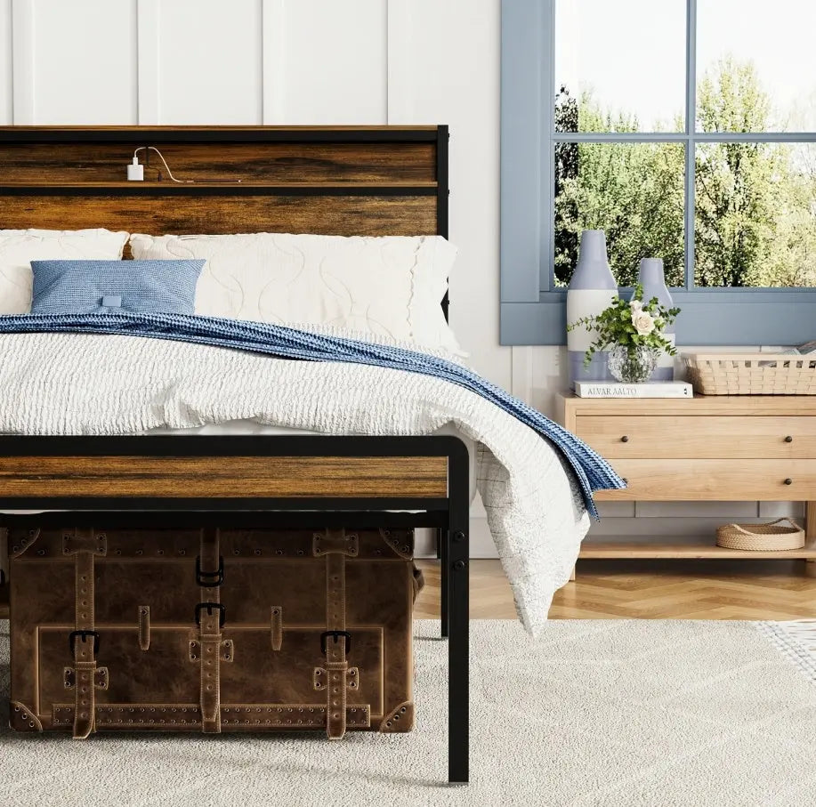 Queen Size Bed Frame, Storage Headboard With LED Light, Charging Station, Solid And Stable, Noise Fr My Store